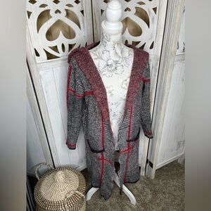 Joseph A Women's XS Knit Striped Sweater Long Open Cardigan Oversized Black Red
